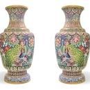 Pair Monumental Chinese Cloisonne Vases with Peacocks and Chrysanthemum