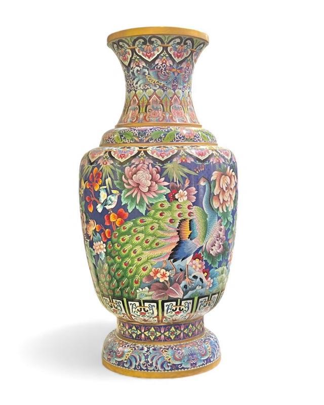 Pair Monumental Chinese Cloisonne Vases with Peacocks and Chrysanthemum