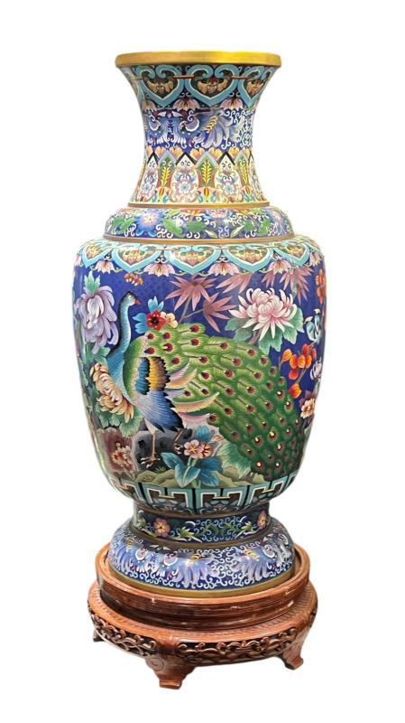 Pair Monumental Chinese Cloisonne Vases with Peacocks and Chrysanthemum