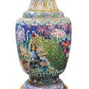 Pair Monumental Chinese Cloisonne Vases with Peacocks and Chrysanthemum