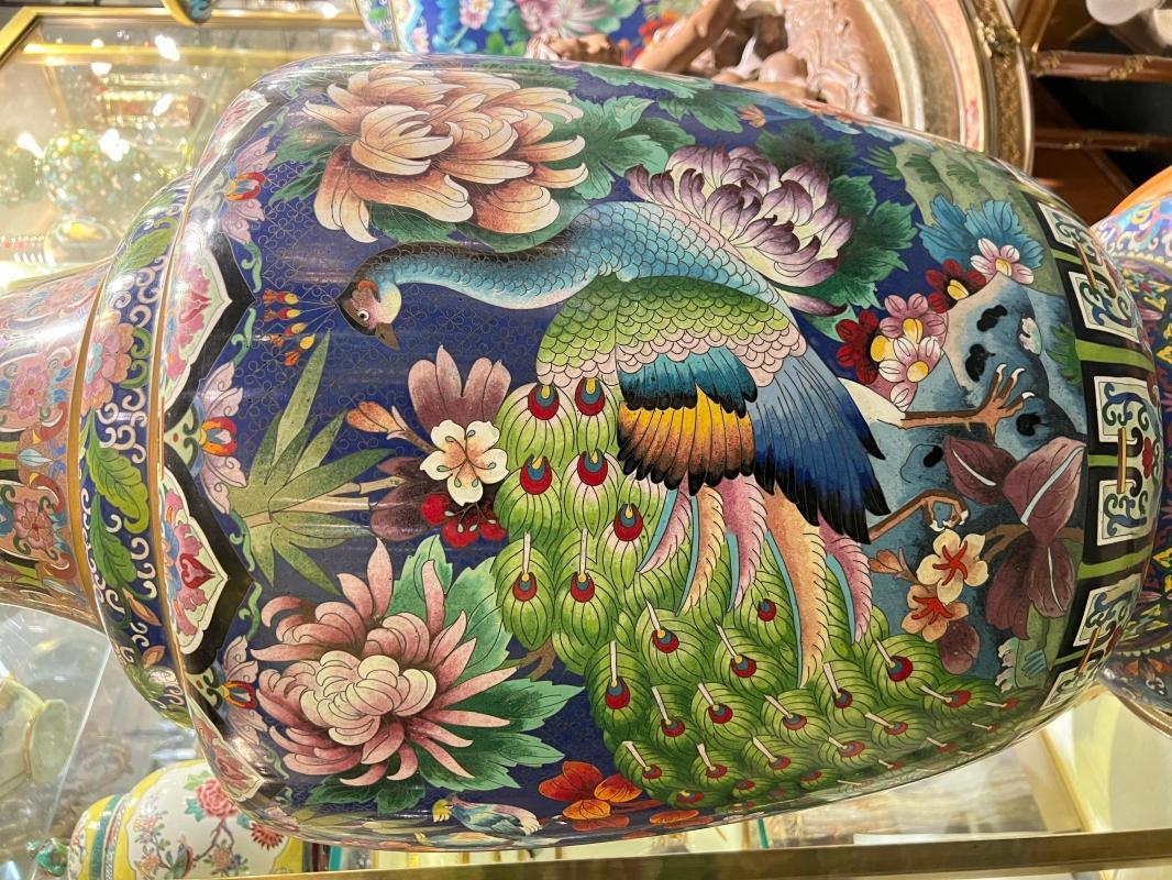 Pair Monumental Chinese Cloisonne Vases with Peacocks and Chrysanthemum