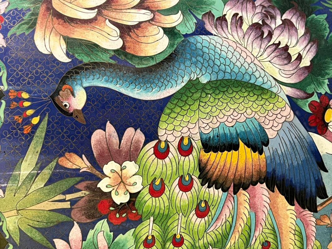 Pair Monumental Chinese Cloisonne Vases with Peacocks and Chrysanthemum