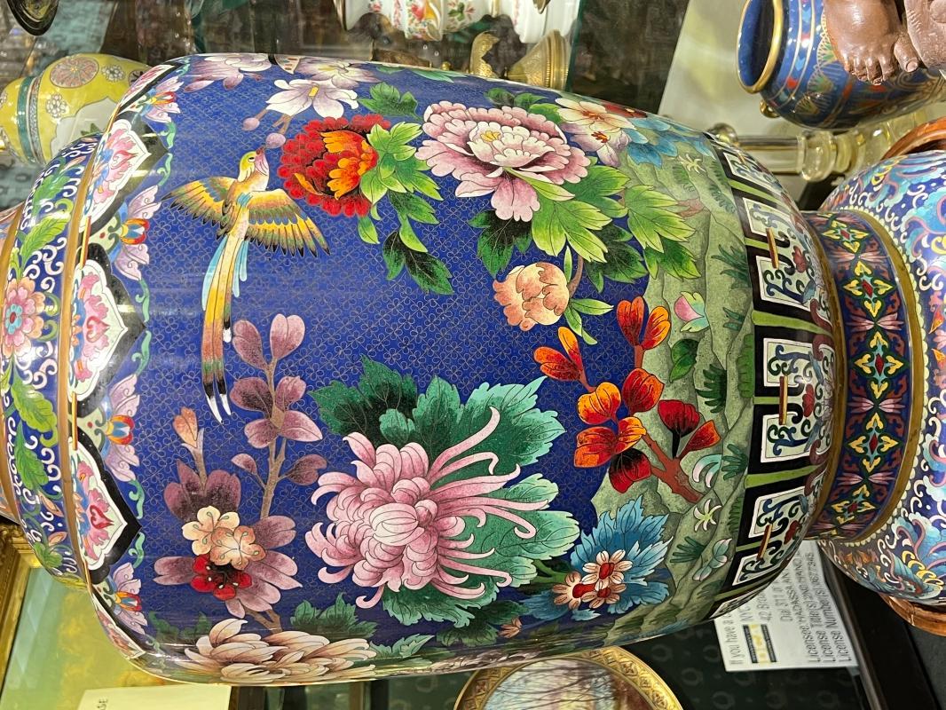 Pair Monumental Chinese Cloisonne Vases with Peacocks and Chrysanthemum