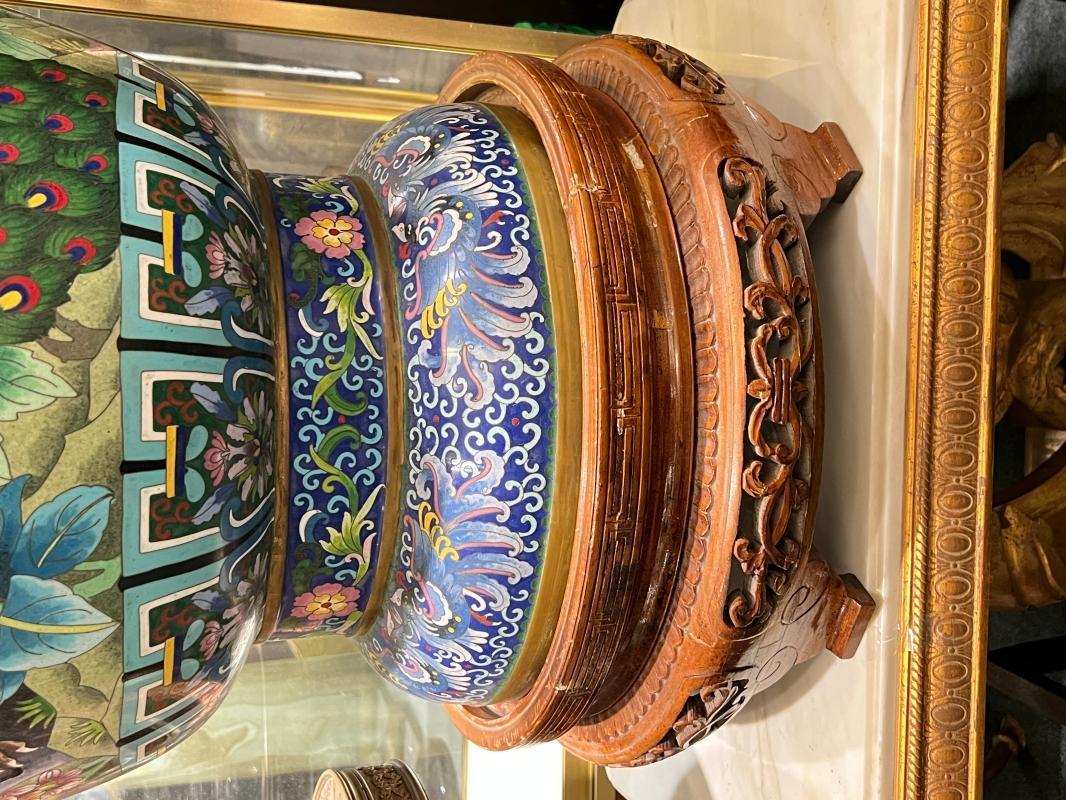 Pair Monumental Chinese Cloisonne Vases with Peacocks and Chrysanthemum