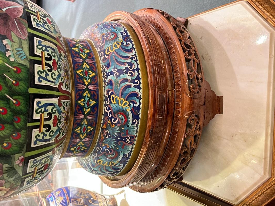 Pair Monumental Chinese Cloisonne Vases with Peacocks and Chrysanthemum