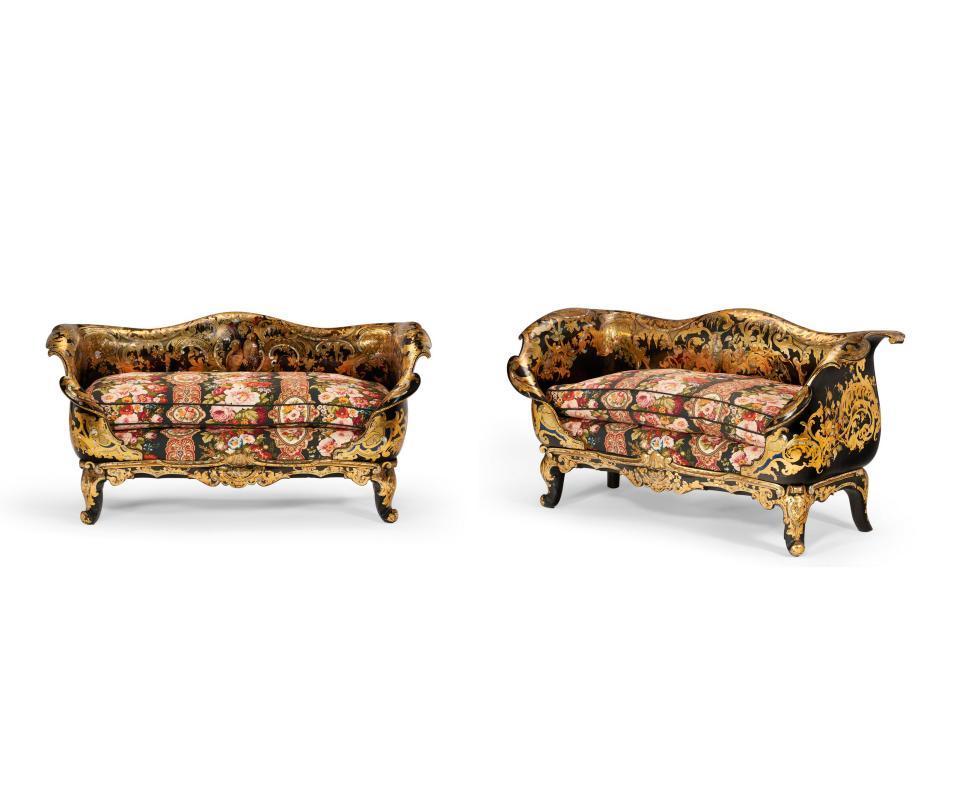 Pair Victorian English Parcel Gilt Ebonized Papier Mache Settees