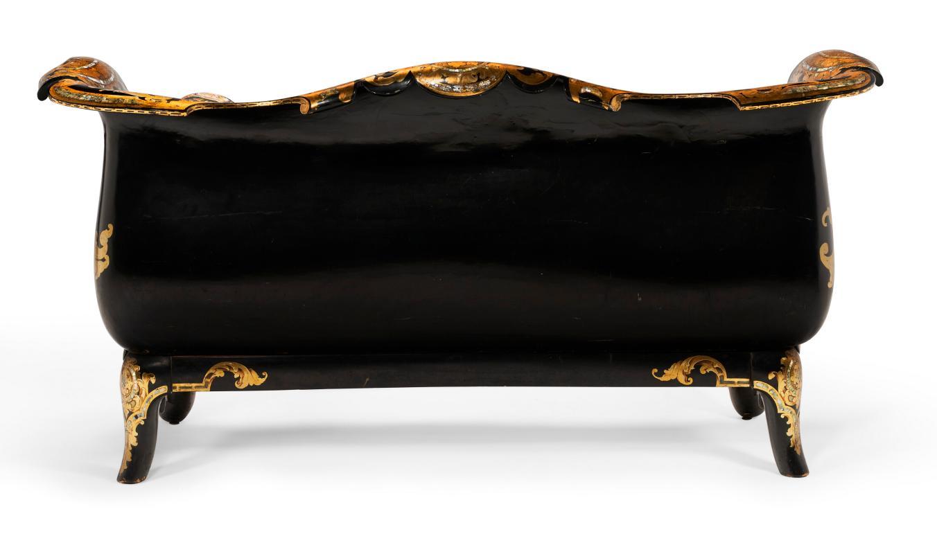 Pair Victorian English Parcel Gilt Ebonized Papier Mache Settees