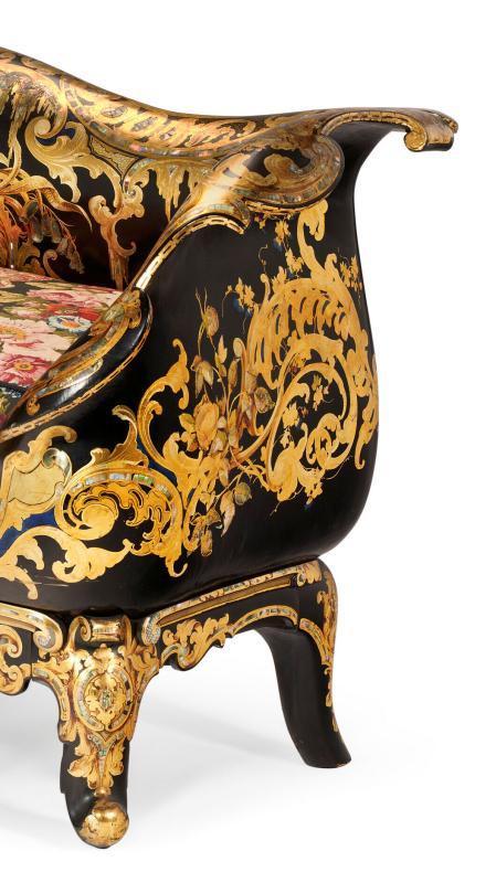 Pair Victorian English Parcel Gilt Ebonized Papier Mache Settees