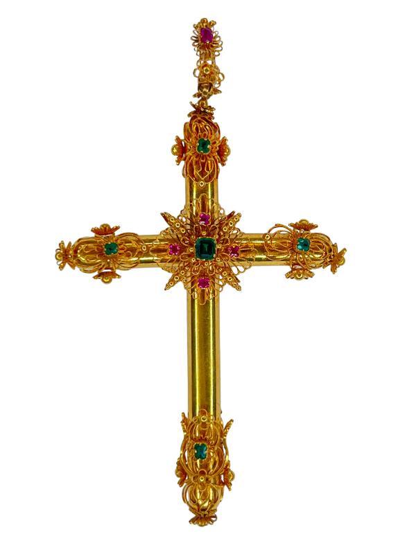 Vintage Gem-set 18k Gold Cross Pendant with Rubies and Emeralds