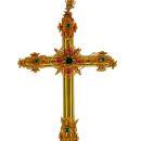 Vintage Gem-set 18k Gold Cross Pendant with Rubies and Emeralds