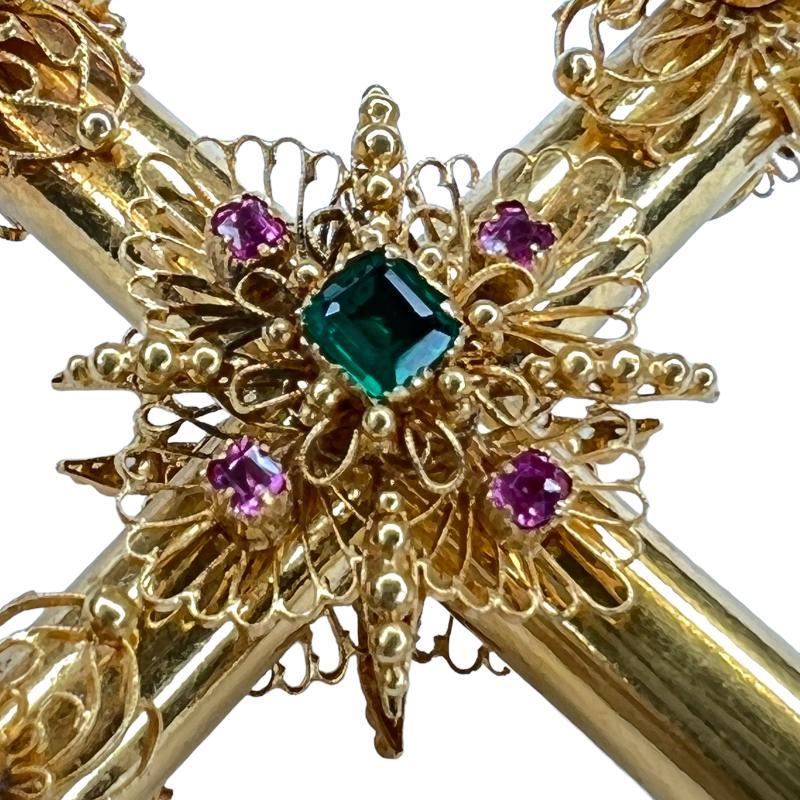 Vintage Gem-set 18k Gold Cross Pendant with Rubies and Emeralds