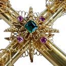 Vintage Gem-set 18k Gold Cross Pendant with Rubies and Emeralds
