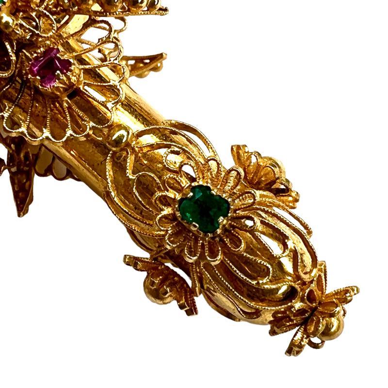 Vintage Gem-set 18k Gold Cross Pendant with Rubies and Emeralds