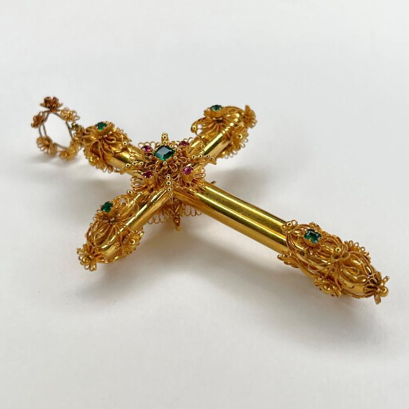 Vintage Gem-set 18k Gold Cross Pendant with Rubies and Emeralds
