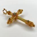 Vintage Gem-set 18k Gold Cross Pendant with Rubies and Emeralds