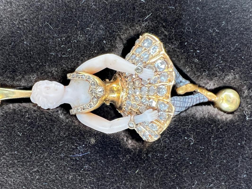 French Leroy et Fils Diamond Enameled Gold and Porcelain Ballerina Dancer Pendant Necklace