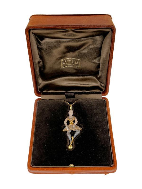 French Leroy et Fils Diamond Enameled Gold and Porcelain Ballerina Dancer Pendant Necklace