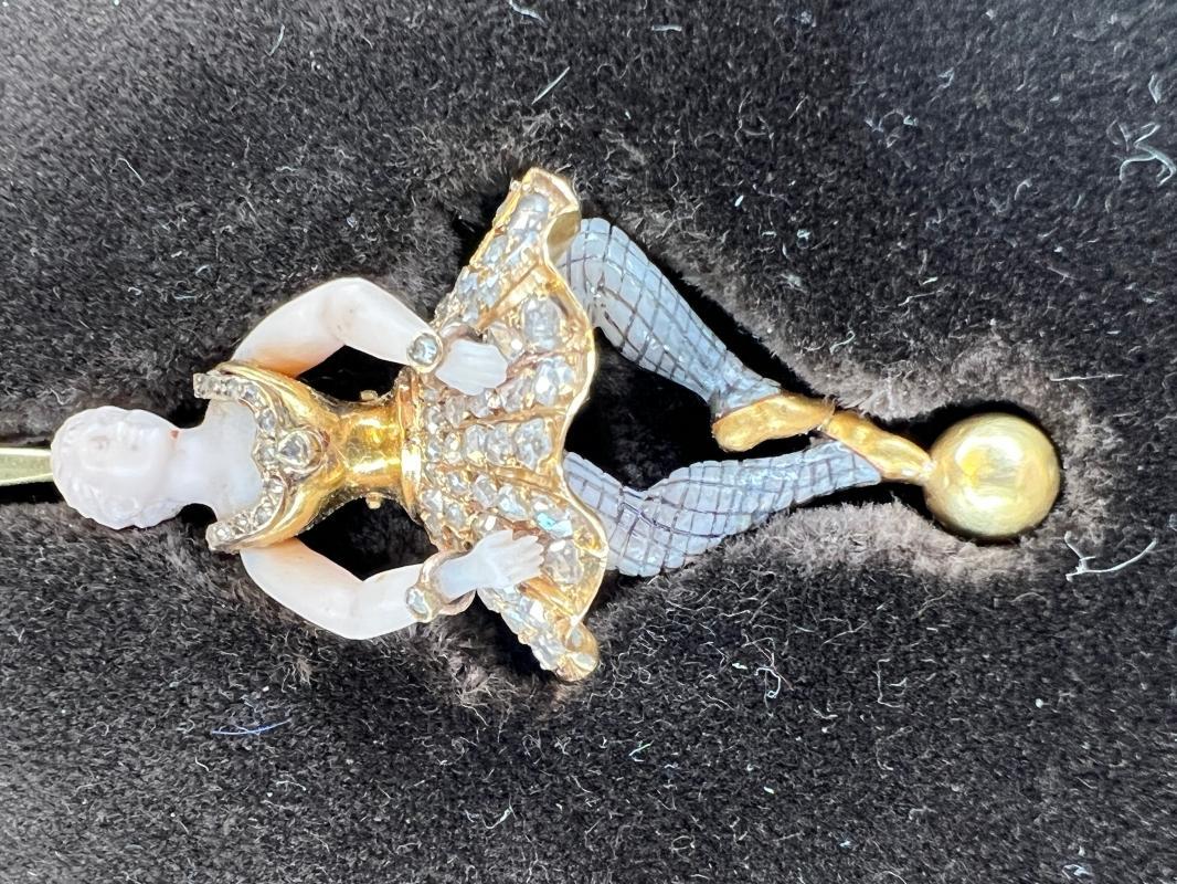 French Leroy et Fils Diamond Enameled Gold and Porcelain Ballerina Dancer Pendant Necklace