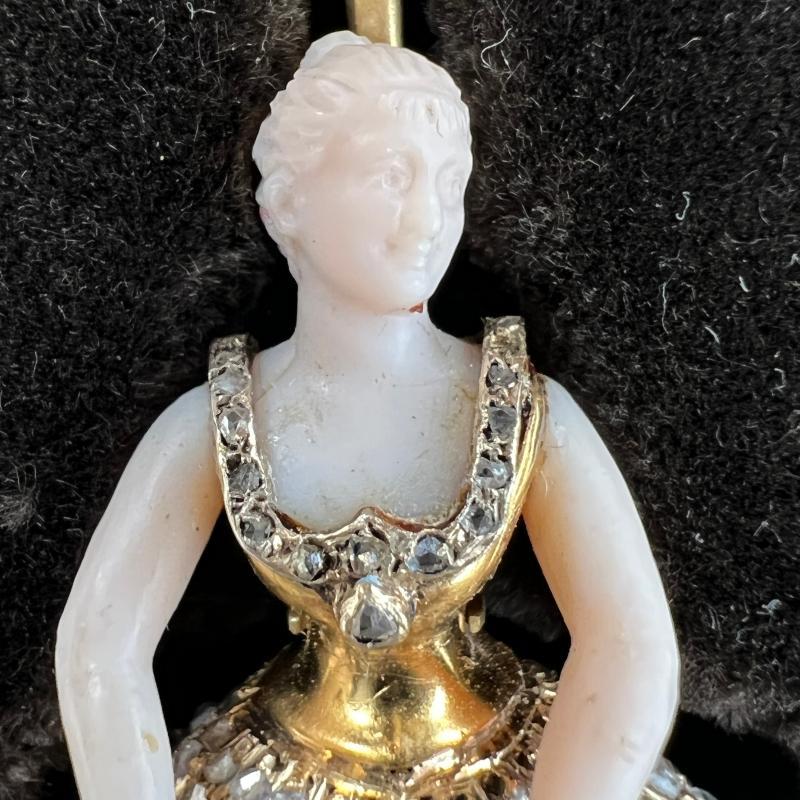 French Leroy et Fils Diamond Enameled Gold and Porcelain Ballerina Dancer Pendant Necklace