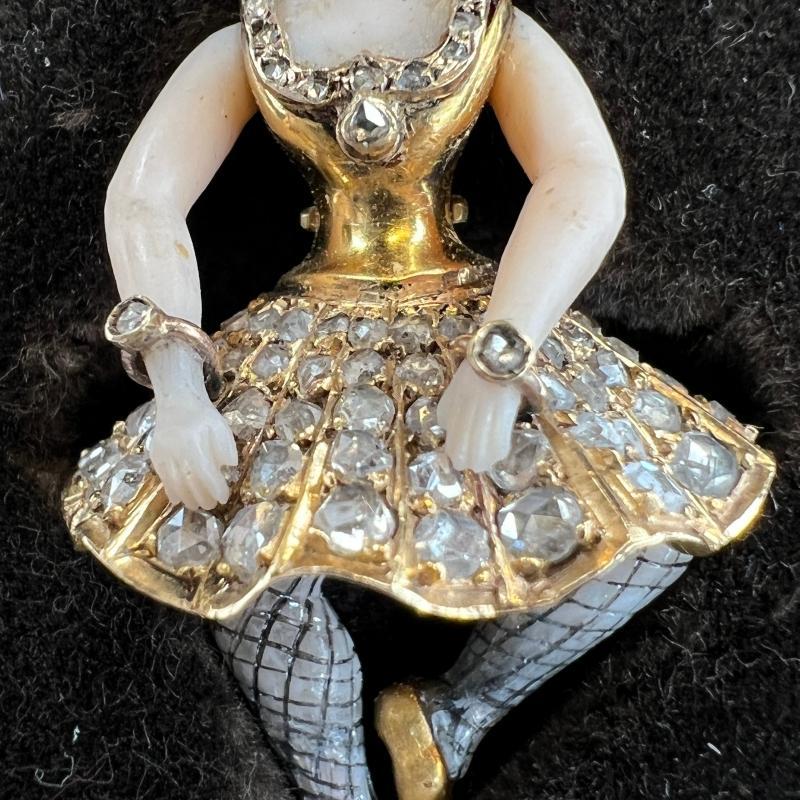 French Leroy et Fils Diamond Enameled Gold and Porcelain Ballerina Dancer Pendant Necklace