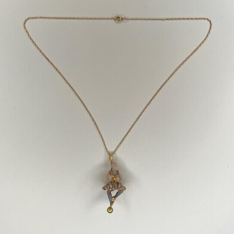 French Leroy et Fils Diamond Enameled Gold and Porcelain Ballerina Dancer Pendant Necklace
