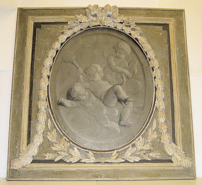 Antique Summer Allegorical Oil Painting with Cherubs or Putti En Grisaille