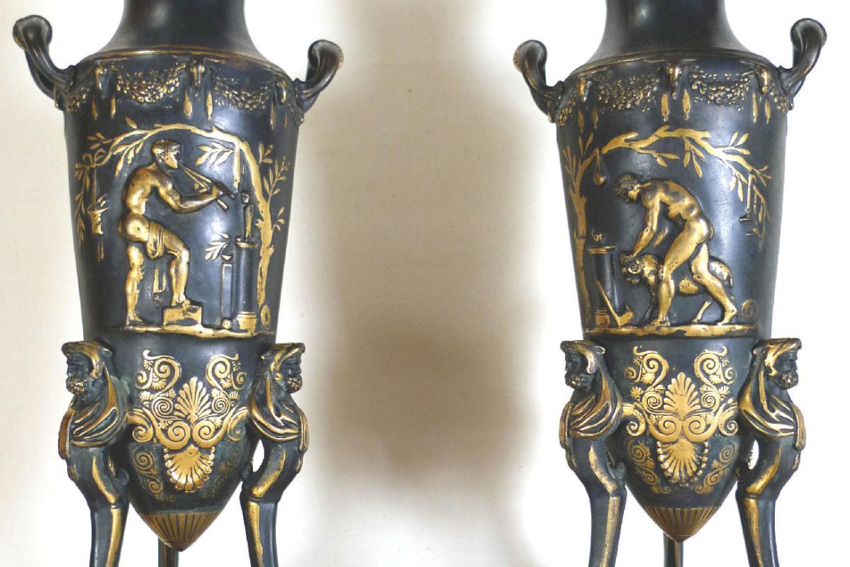 Pair French Neo-Grecian Greek Revival Bronze Amphora Vases After Ferdinand Levillain