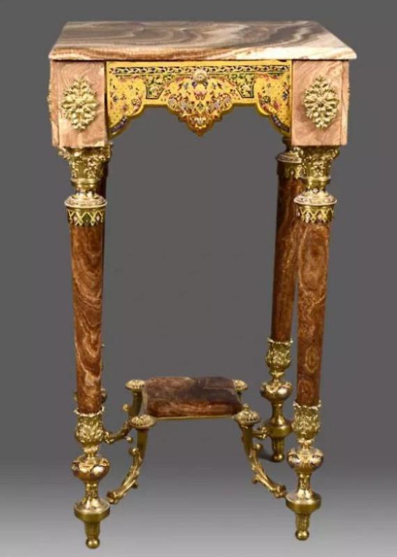 Antique Champleve Enamel Brown Onyx Side Table in Orientalist Style