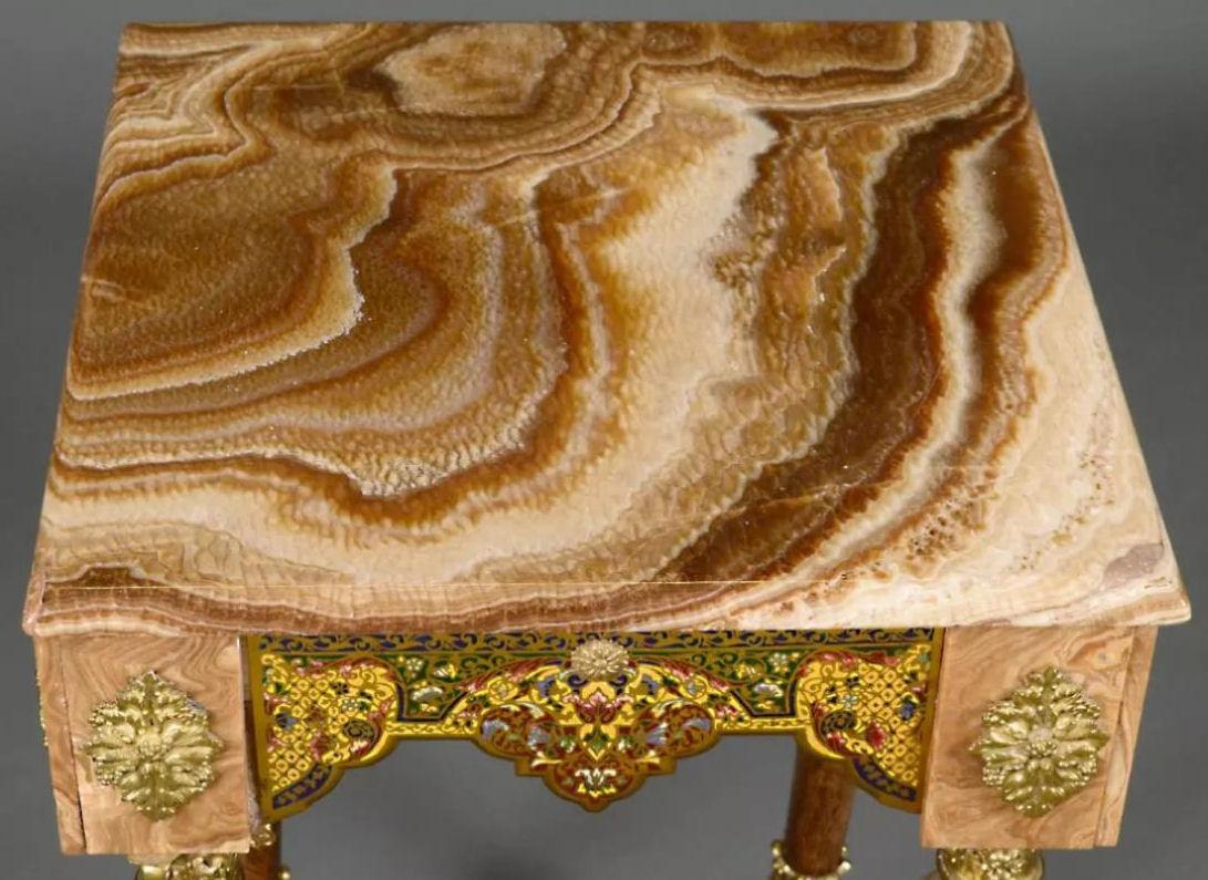 Antique Champleve Enamel Brown Onyx Side Table in Orientalist Style