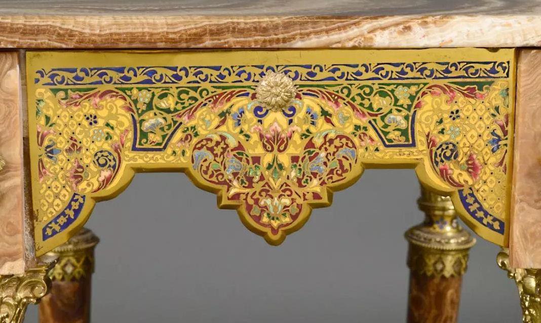 Antique Champleve Enamel Brown Onyx Side Table in Orientalist Style