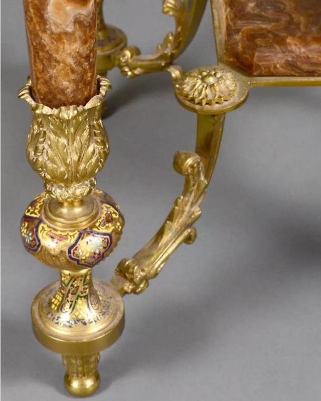 Antique Champleve Enamel Brown Onyx Side Table in Orientalist Style