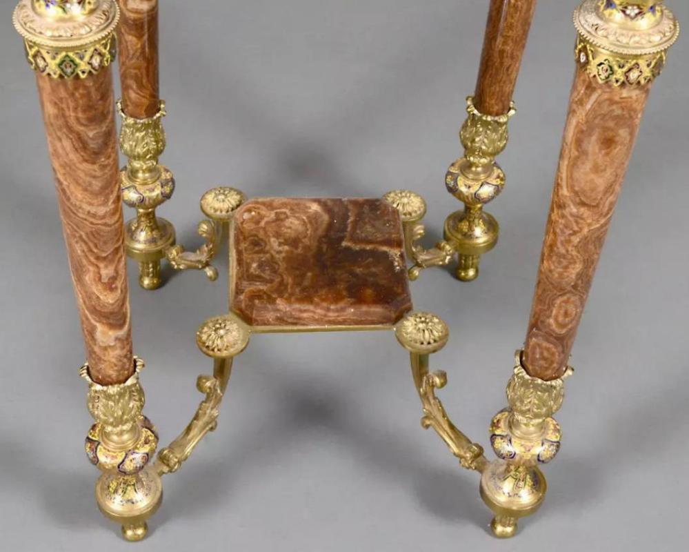 Antique Champleve Enamel Brown Onyx Side Table in Orientalist Style