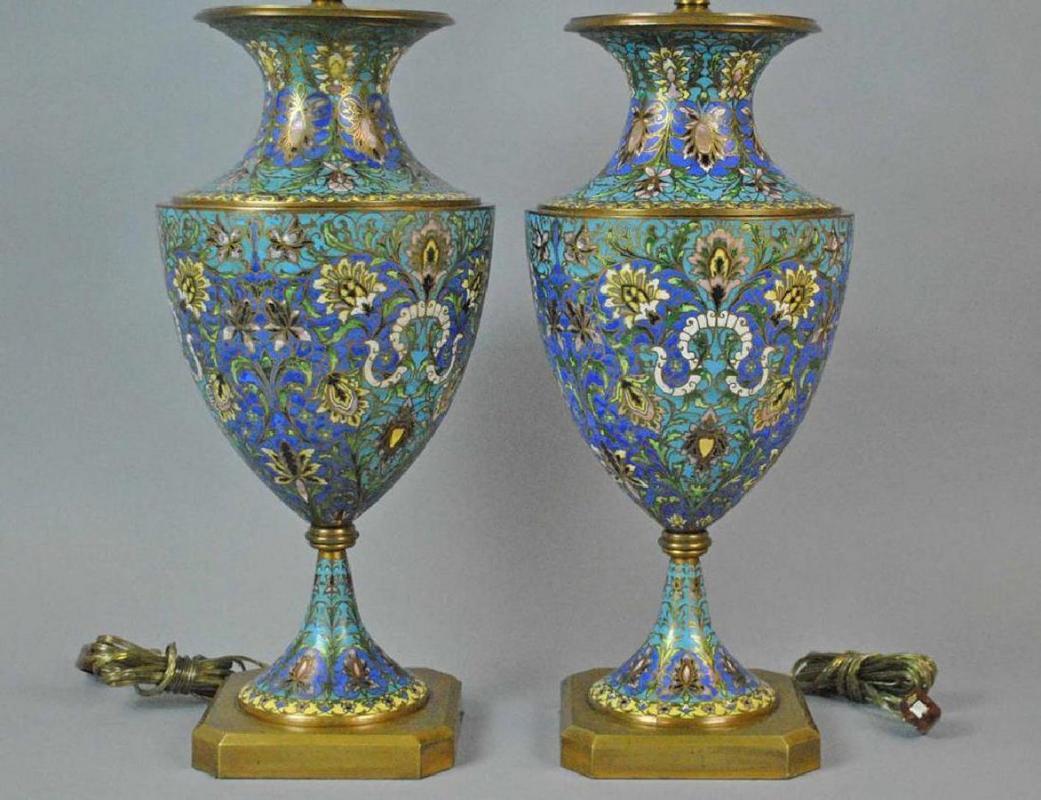 Pair Vintage French Champleve Enamel Bronze Table Lamps