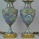 Pair Vintage French Champleve Enamel Bronze Table Lamps