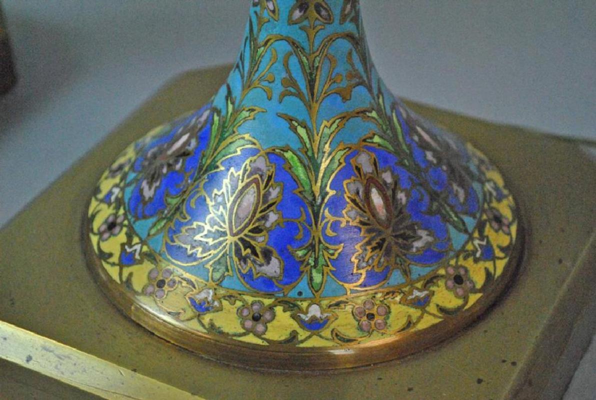 Pair Vintage French Champleve Enamel Bronze Table Lamps