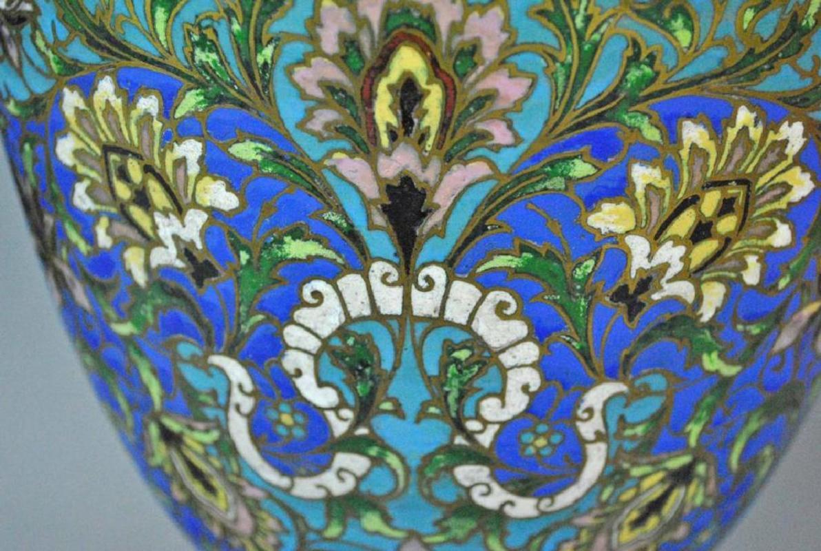 Pair Vintage French Champleve Enamel Bronze Table Lamps