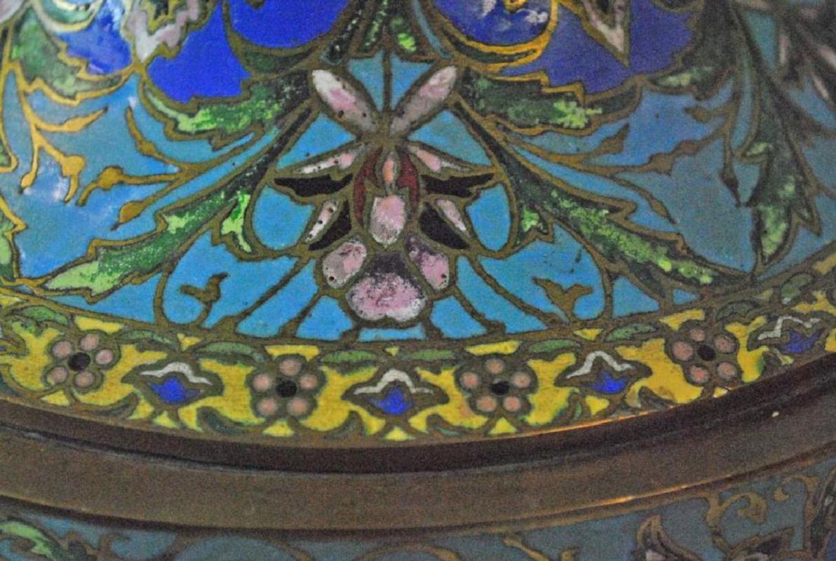 Pair Vintage French Champleve Enamel Bronze Table Lamps