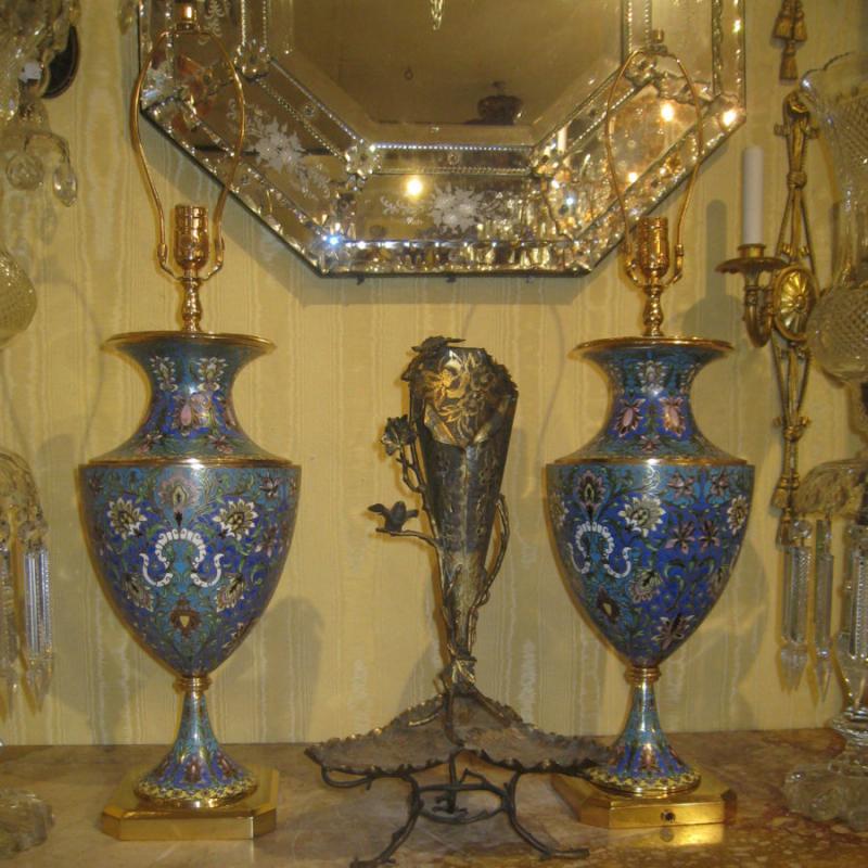 Pair Vintage French Champleve Enamel Bronze Table Lamps