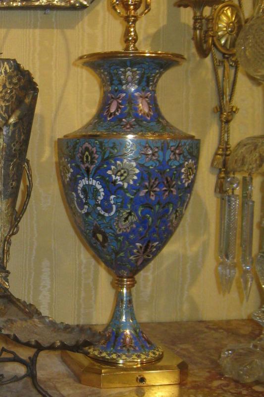 Pair Vintage French Champleve Enamel Bronze Table Lamps