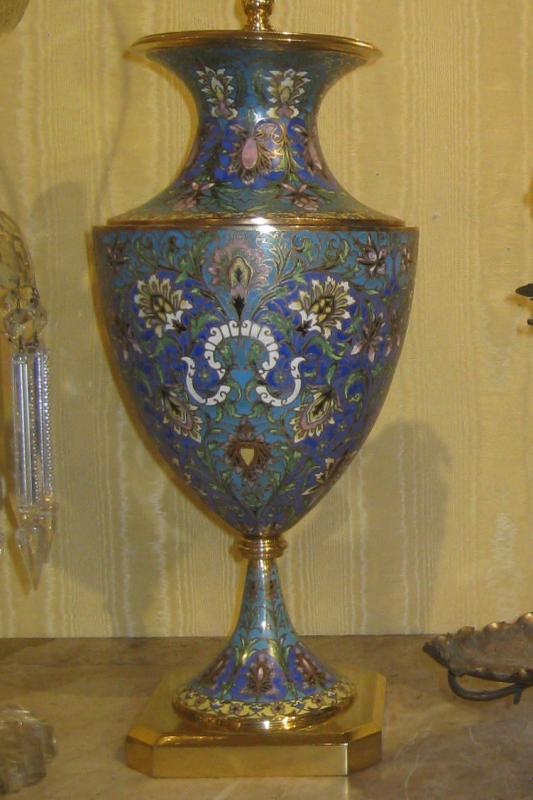 Pair Vintage French Champleve Enamel Bronze Table Lamps