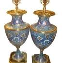 Pair Vintage French Champleve Enamel Bronze Table Lamps