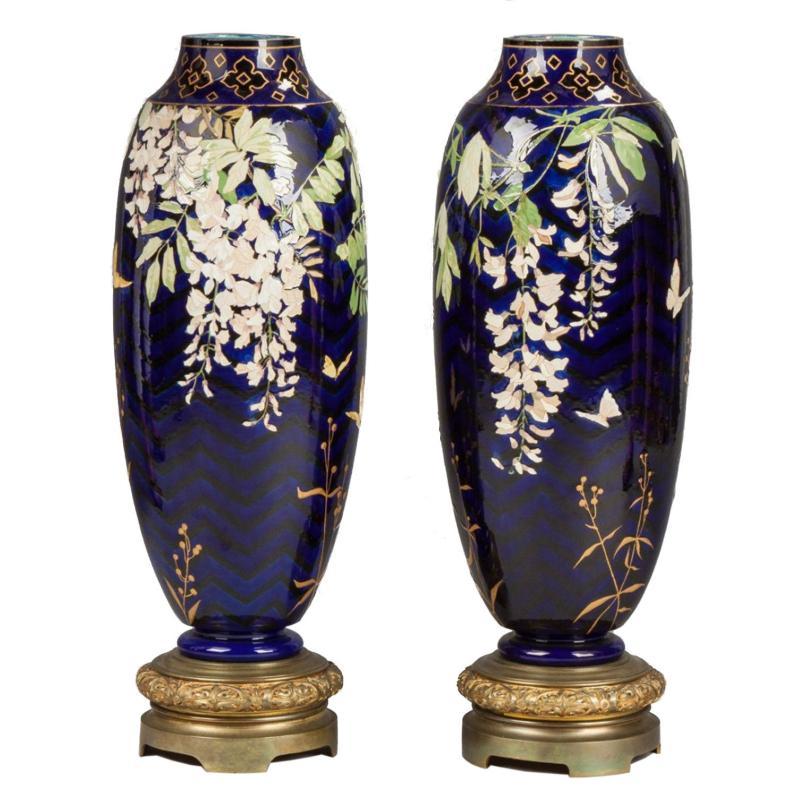 Pair Bronze Mounted Cobalt Blue Arts and Crafts Vases