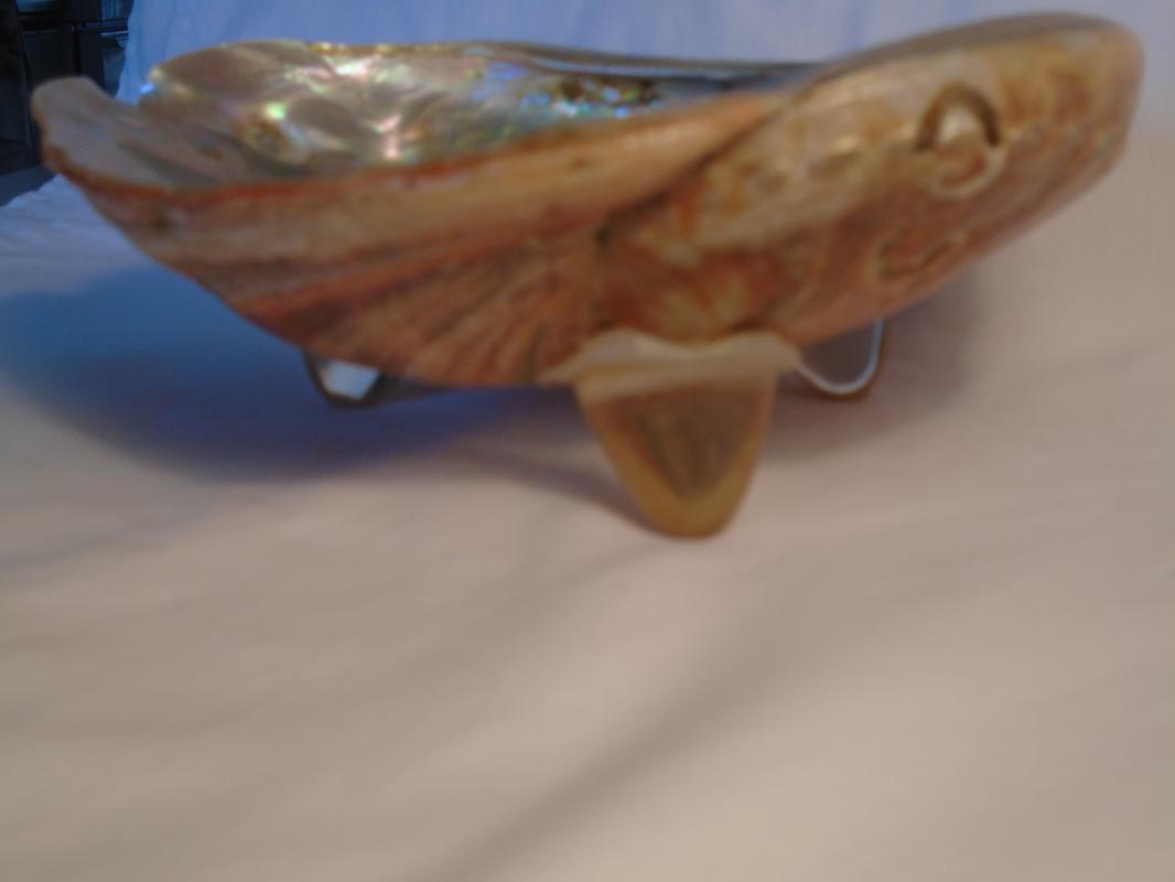 Native American ABALONE Shell + Hand Carved Hardwood folding stand. Large Size