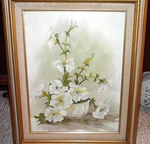 Watercolor Signed by Eugenia '84 White Petunias