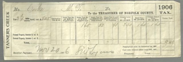 1906 Tax Bill 2 3/4 acres Tanners Creek Norfolk County Commonwealth of Virgnia