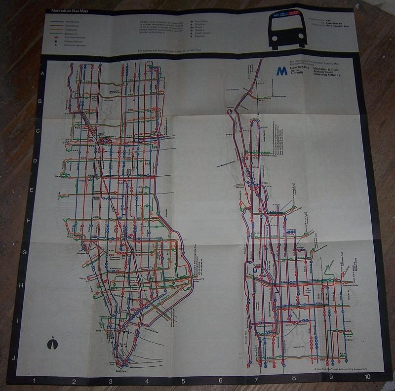 Manhattan New York City Bus Guide Folded Map 1974 Revised 1976 Vintage Travel