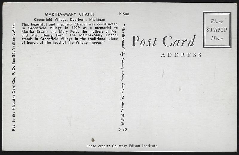 Martha-Mary Chapel Greenfield Village Dearborn Michigan Vintage Unused Postcard