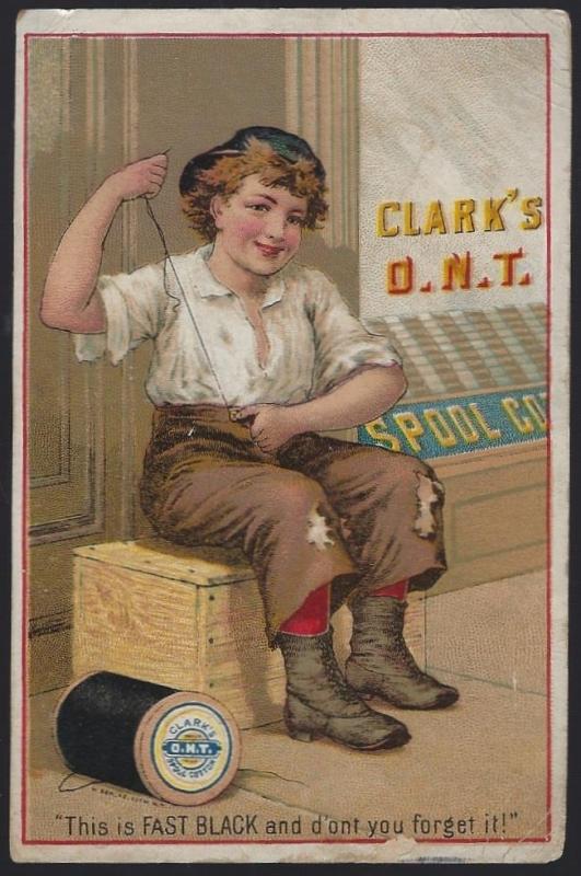 Victorian Trade Card for Clark's Fast Black Spool Cotton with Boy Sewing Pants