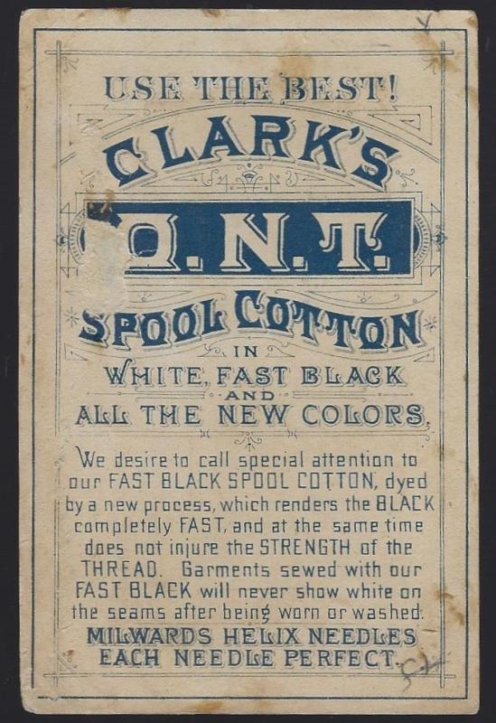 Victorian Trade Card for Clark's Fast Black Spool Cotton with Boy Sewing Pants
