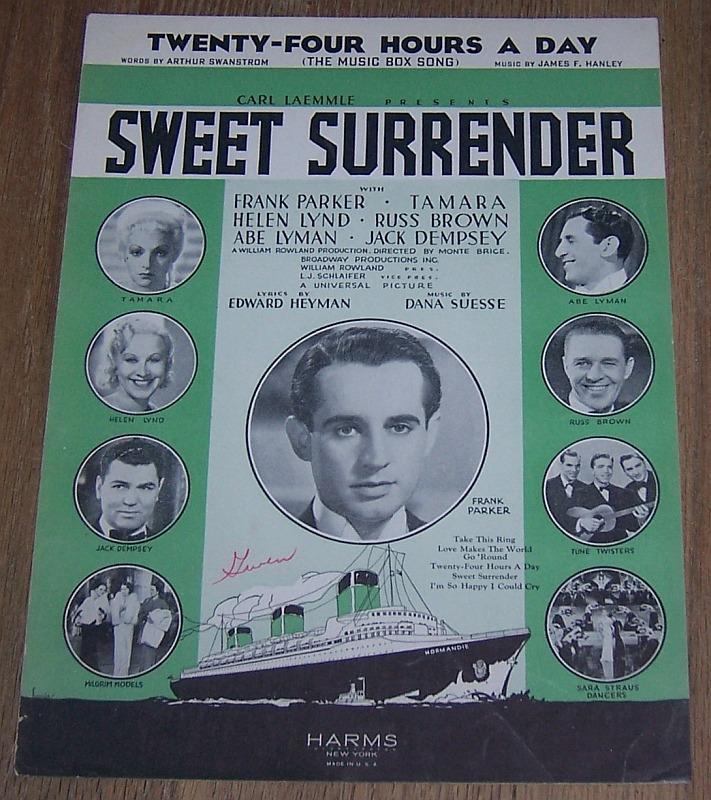 Twenty-Four Hours a Day (The Music Box Song) From Sweet Surrender 1935 Movie Sheet Music